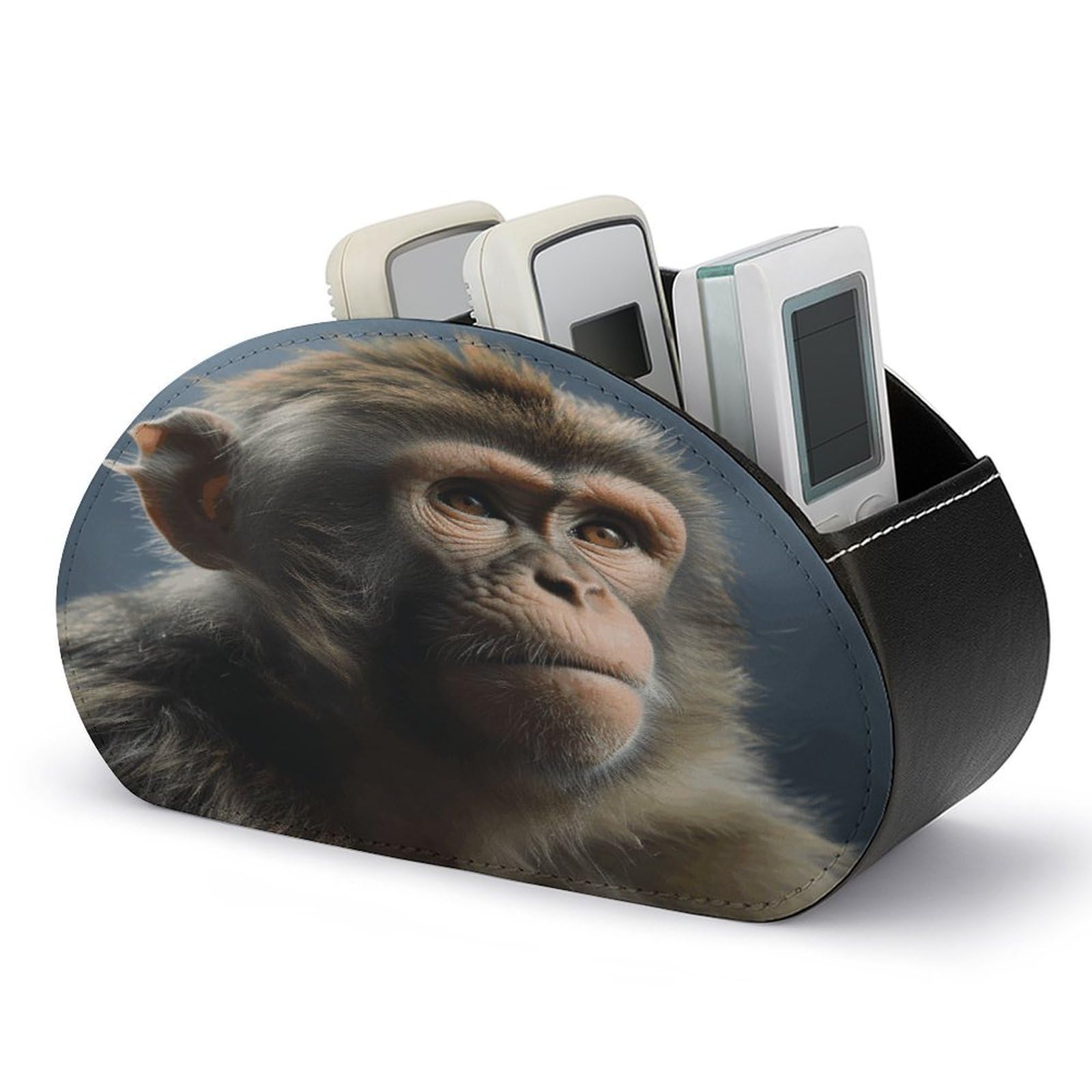 VstaDank Monkey Remote Control Holder Farmhouse TV Media Remote Storage Box with 5 Compartments PU Leather Remote Caddy Desktop Organizer for Home Bedside Table Organizer