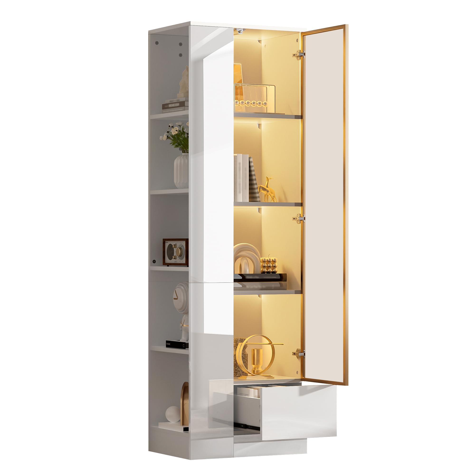 Shye Vitrina con puerta de cristal, armario brillante con cajones y compartimentos abiertos, mucho espacio de almacenamiento para salón y comedor, color blanco, 50 x 35 x 160 cm