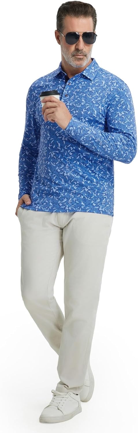 M MAELREG Golf Shirts for Men Dry Fit Performance Moisture Wicking Casual Print Collared Long Sleeve Polo Shirts for Men - Image 4