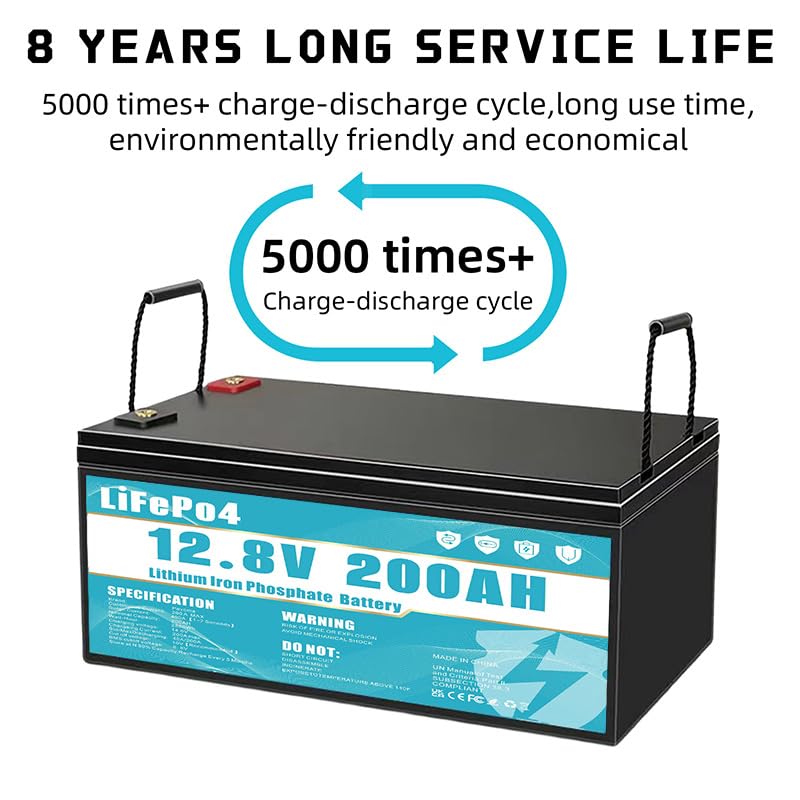 Batterie Ricaricabili,LiFePO4 Batteria da 12V 200Ah al litio ferro fosfato, dotata di BMS da 200 A, durata superiore a 8 anni, adatta per campeggio,alimentazione di emergenza, ecc.