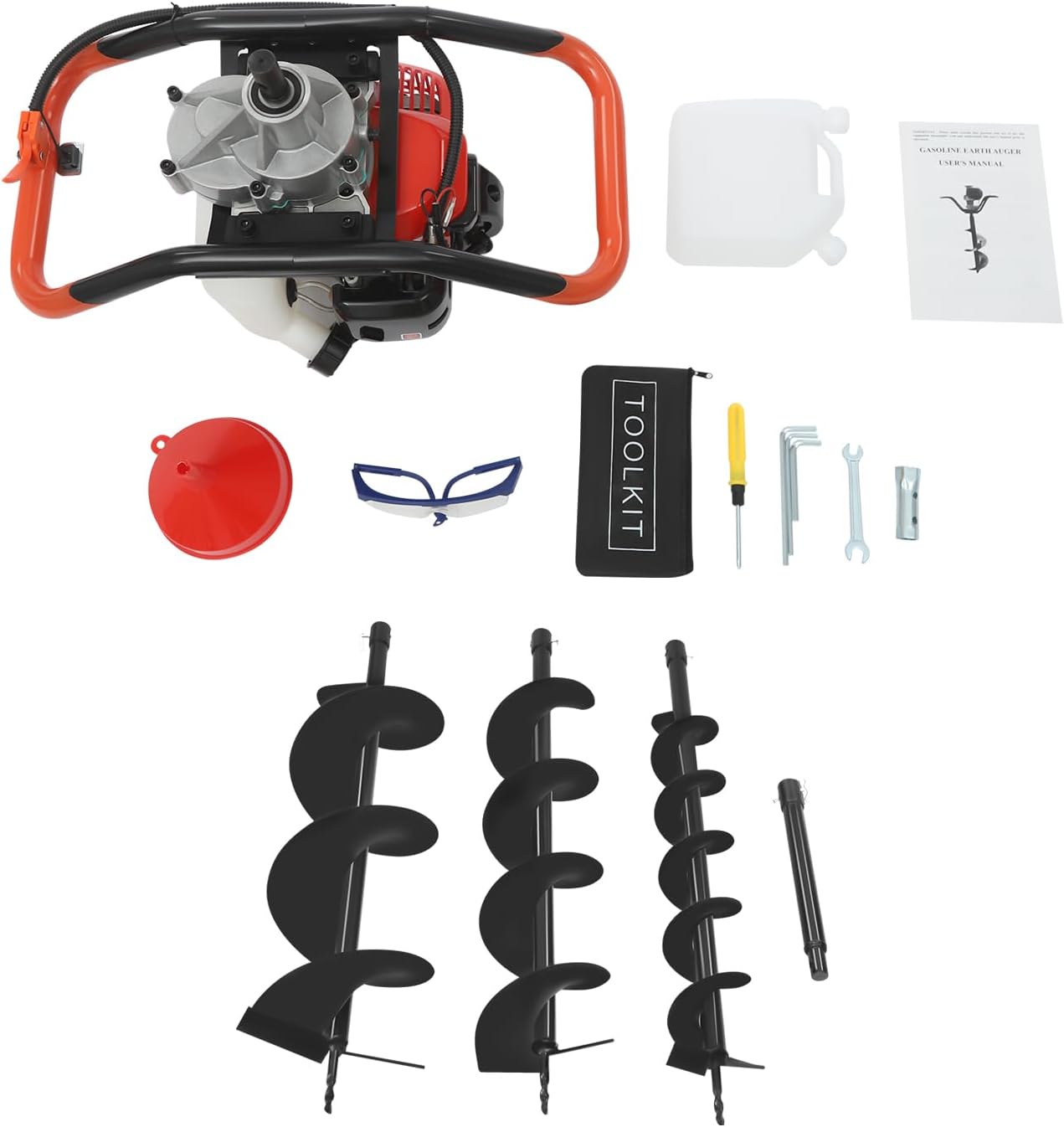 2.3HP Post Hole Digger Gas Auger Post Hole Digger with 3 Drill Bits and 30cm Extension Rod, Augers & Posthole Digger Auger Digging Machine Set for Farm Garden Plant Digging