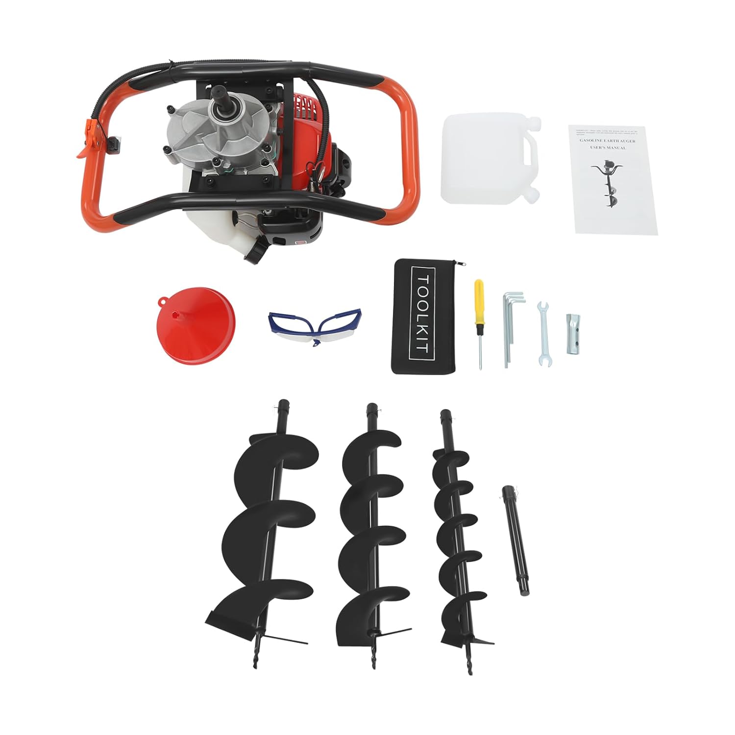 2.3HP Gas Post Hole Digger, 52CC Earth Auger with 3 Auger Bits & 12" Extension, for Fence Posts, Tree Planting & Gardening- Orange