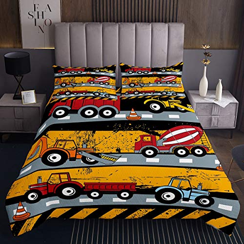 Juego de edredón para niños con Dibujos Animados y carros para Excavadora de Camiones para niños y niñas, Color Rojo, Amarillo, para vehículos, Colcha, Estilo automovilístico, Acolchado 3 Piezas,