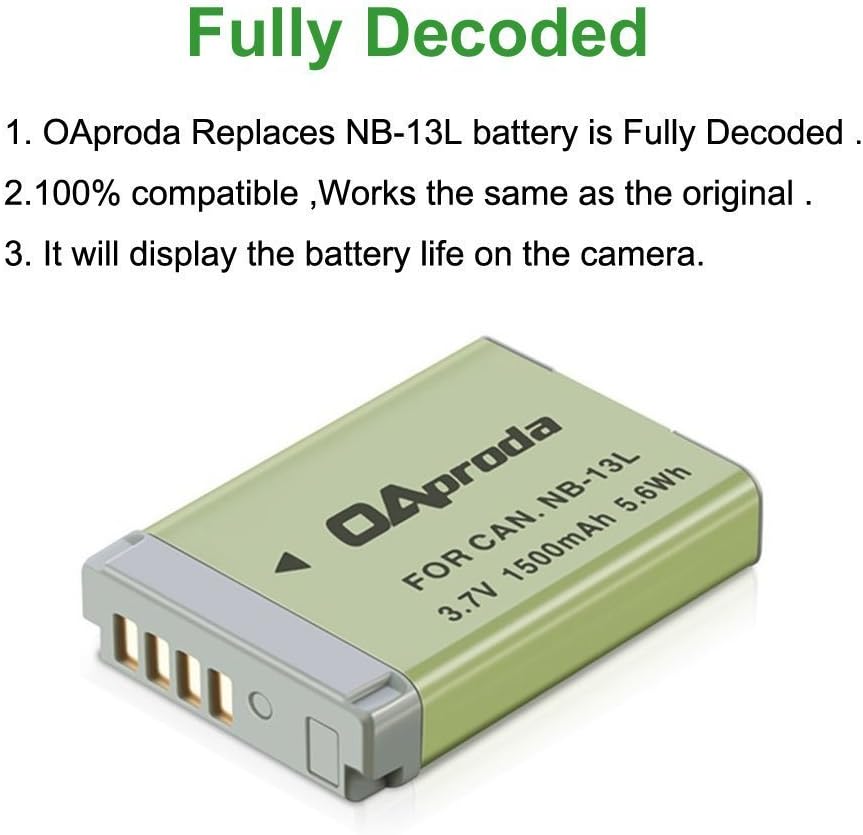OAproda 2 Pack Fully Decoded NB-13L Battery with Rapid Dual USB Charger for Canon PowerShot G7 X Mark II, SX720 HS, SX740 HS, SX730 HS, SX620 HS, G5 X, G5 X Mark II, G7 X, G7 X Mark III, G9 X Mark II