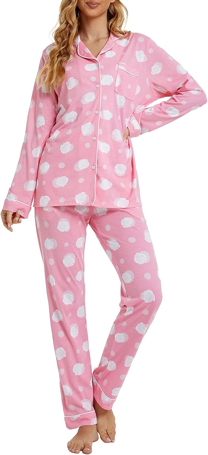 Tugege Pajamas Set Long Sleeve Sleepwear Womens Button Down Nightwear Pj Sets