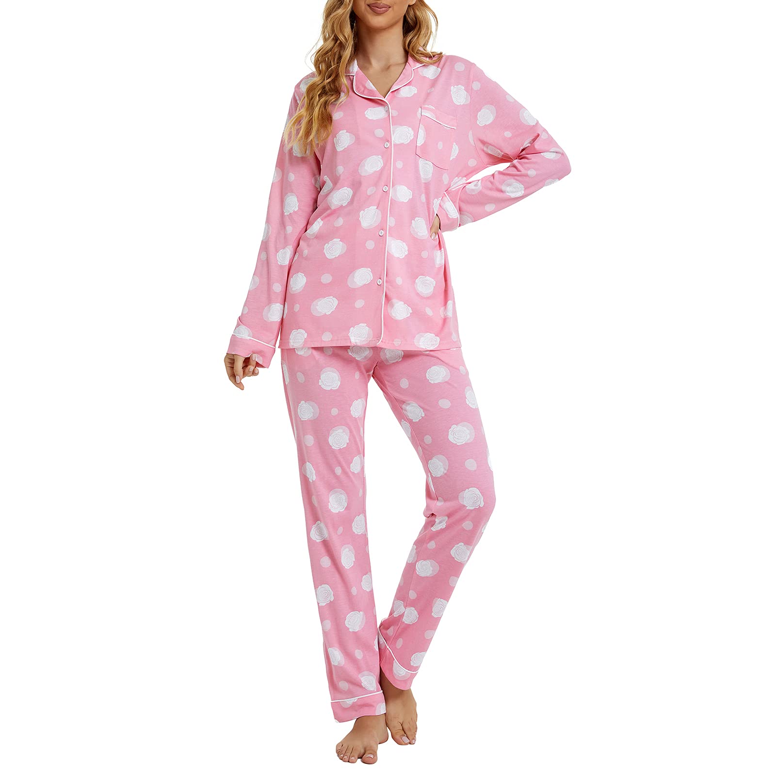 Tugege Pajamas Set Long Sleeve Sleepwear Womens Button Down Nightwear Pj Sets