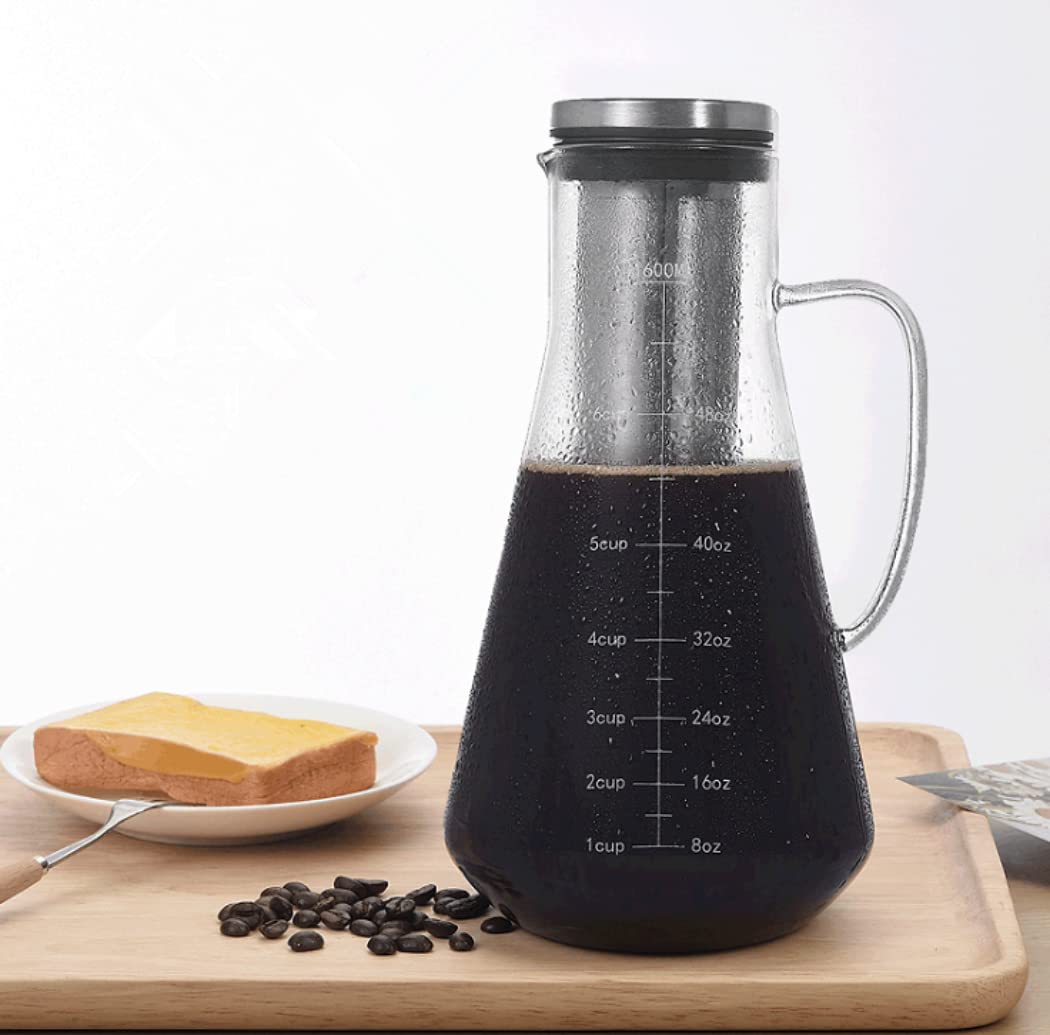 Fayruz Airtight Cold Brew Iced Coffee Maker (& Iced Tea Maker) with Spout–1.6L Ovalware Brewing Glass Carafe with Removable Stainless Steel Filter.