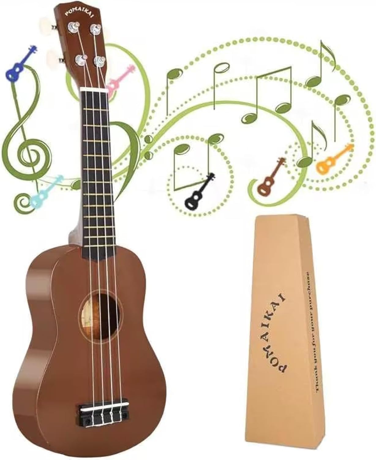 POMAIKAISoprano Ukulele for Beginner Hawaiian Wood Ukelele 21 Inch Small Guitar Uke for Starter Student Adult (Bright-Brown)