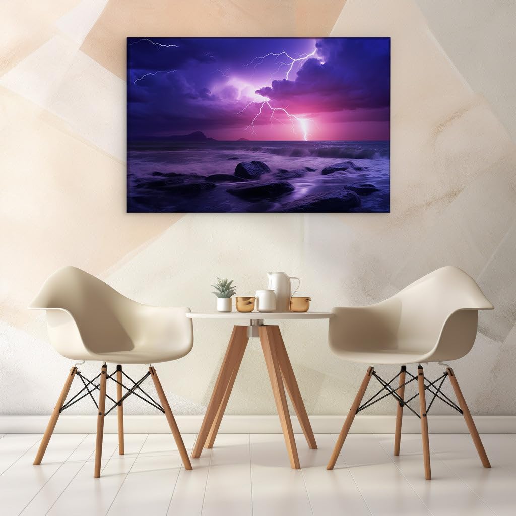 Canvas for Living room. Electric Fury: A Stormy Sea Night Unleashed, 27 x 18 inch Canvas Wall Art - Ready to Hang - 69x46 cm (27x18 inch)