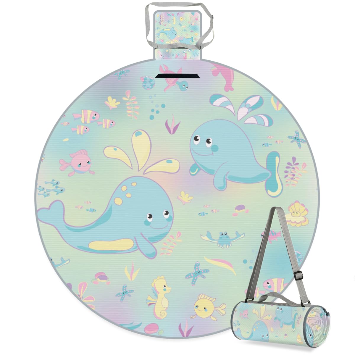 Shimoshe Sea Animal Whale Picnic Outdoor Blanket Foldable Waterproof Sandproof Beach Blanket Portable Water-Resistant Round Picnic Mat for Travel Camping Park Lawn
