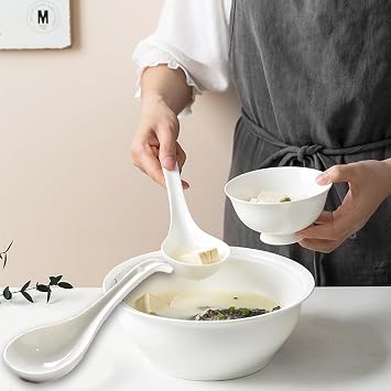 Porcelain Soup Spoons,7 inch Asian Soup Spoons,Japanese soup spoons for Pho, Wonton, Noodles, Chinese Ceramic Rice Spoons, Japanese Ramen Spoons, White Set of 4
