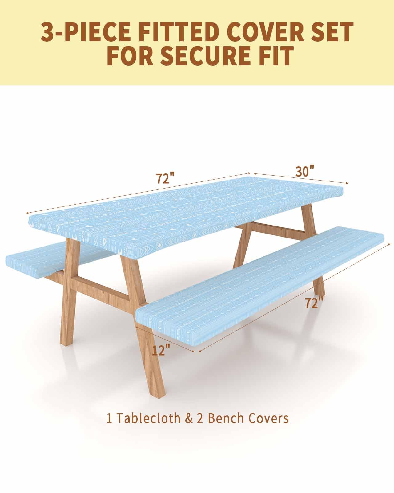 ARTSHOWING Picnic Table Cover with Bench Covers Elastic Bohemia Tablecloth for 6 FT Table Waterproof Boho Style Hand Drawn Lines Blue Table Cover 72 Inch 3 Pcs Camping Essentials for Outdoor