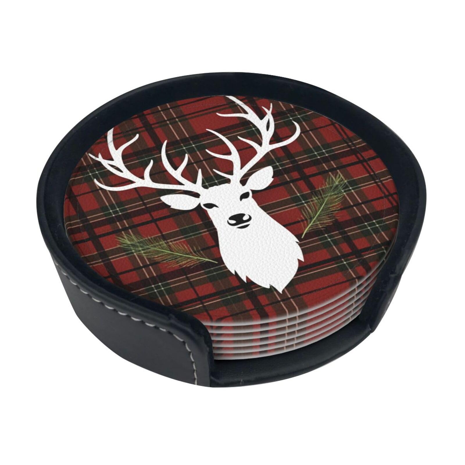 Merry Christmas Reindeer Tartan Checkered Plaid Xmas Coasters For Drinks Set Of 6 Leather Tea Cup Coaster Drink Coasters For Cup Kitchen Bar Home Decor Housewarming Gift