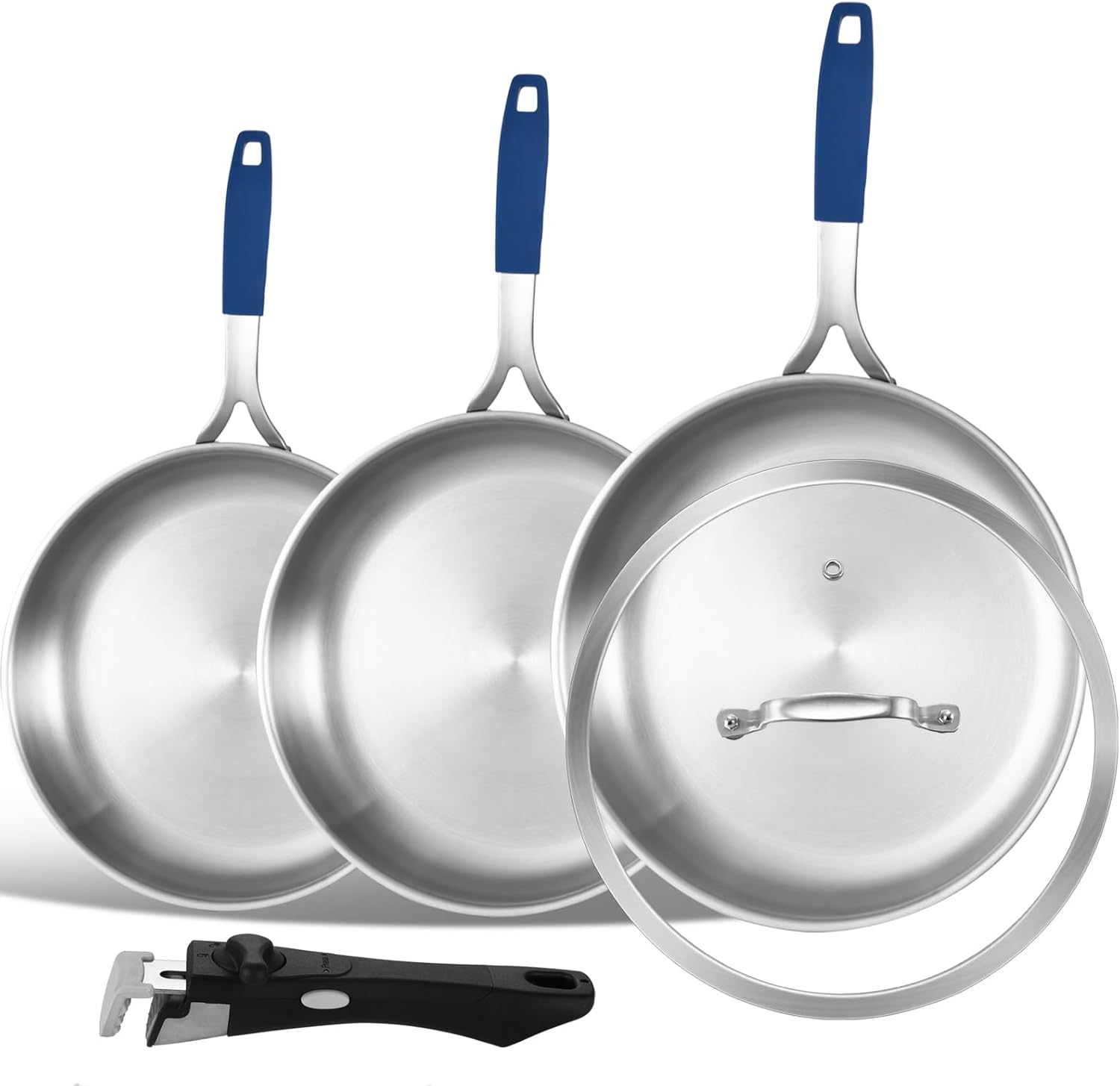 Inqibee 8.5-10-12 Inch Tri-Ply Stainless Steel Frying Pan set of 3 with a Lid,Skillets,Induction Cooking Pans,Pots and Pans Set,Oven and Dishwasher Safe,Detachable Handle.