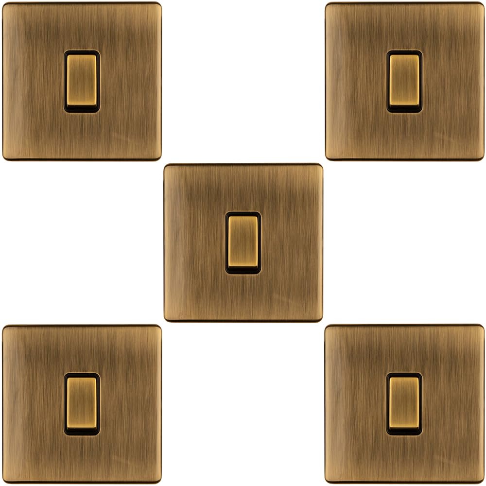 5 Stück 1-Gang-Lichtschalter, schraubenlos, antikes Messing, 2-Wege, 10 A, schmaler Wippschalter – dekorative Küche, Wohnzimmer, Schlafzimmer, Platte