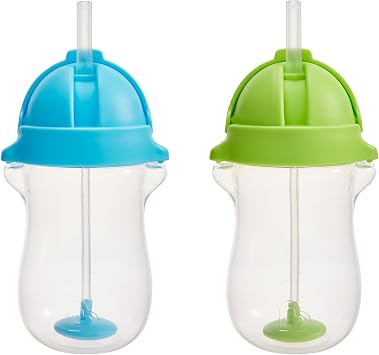 Munchkin Any Angle Weighted Toddler Straw Cups with Click Lock Lid, 10 Ounce, 2 Pack, Blue/Green