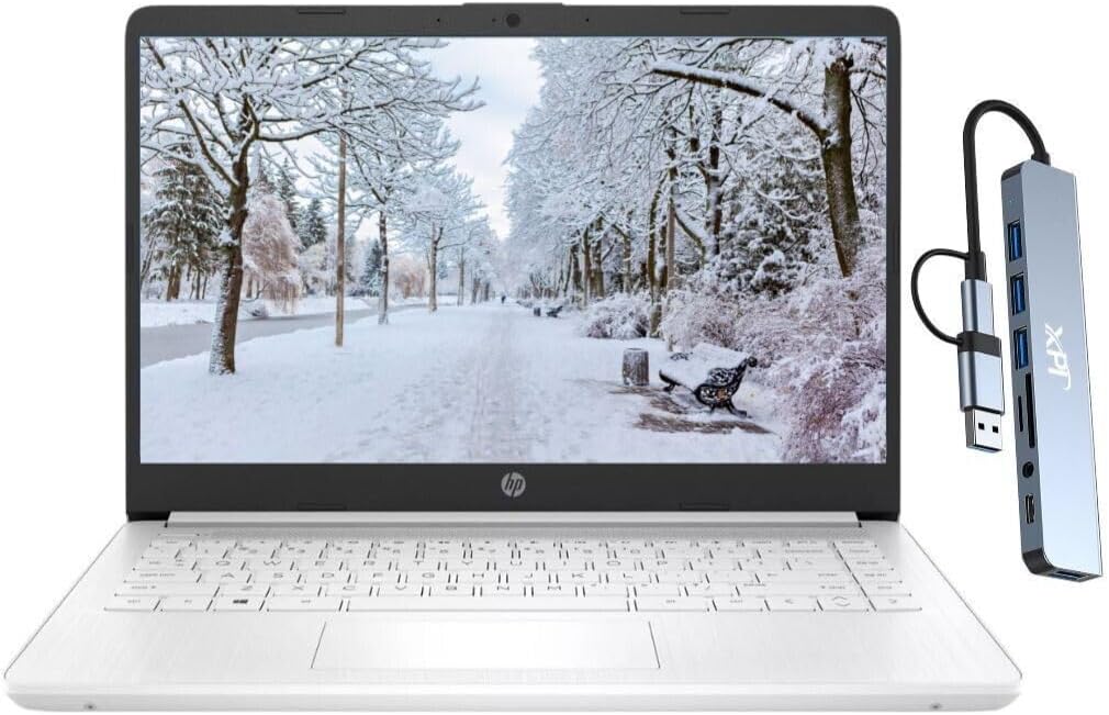 HP 14 Thin & Portable Student Laptop, 14" HD, 4-Core Intel Celeron N4120 CPU, 4GB RAM, 192GB Storage (64GB eMMC + 128GB Docking Station Set) Webcam, 1 Year Office 365, Wi-Fi, HDMI, Windows 11, White