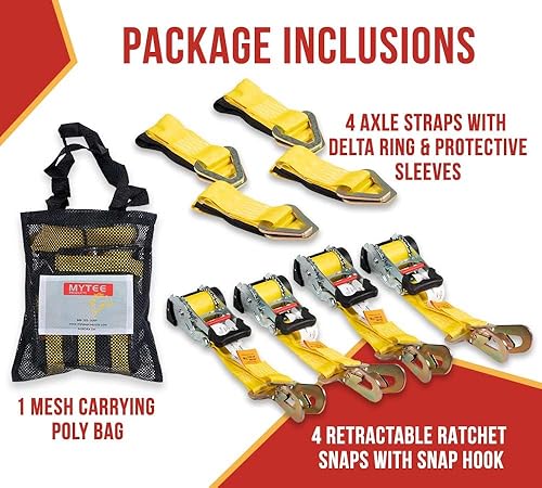 Vista 32 de Mytee Products Paquete de 4 correas de trinquete retráctiles de 1 pulgada x 12 pies con gancho en S recubierto de zinc para motocicletas, Naranja