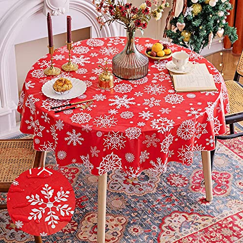 Homaxy Nappe de Noël lavable, anti-taches, facile d'entretien, imperméable, toile cirée, en PVC, flocon de neige de Noël, ronde, 140 cm Cover
