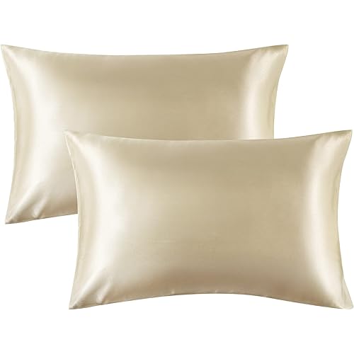 Bedsure Satin Pillowcases Standard Set of 2 - Taupe Silk Pillow Cases for Hair and Skin 20x26 inches, Satin Pillow Covers 2 Pack with Envelope Closure