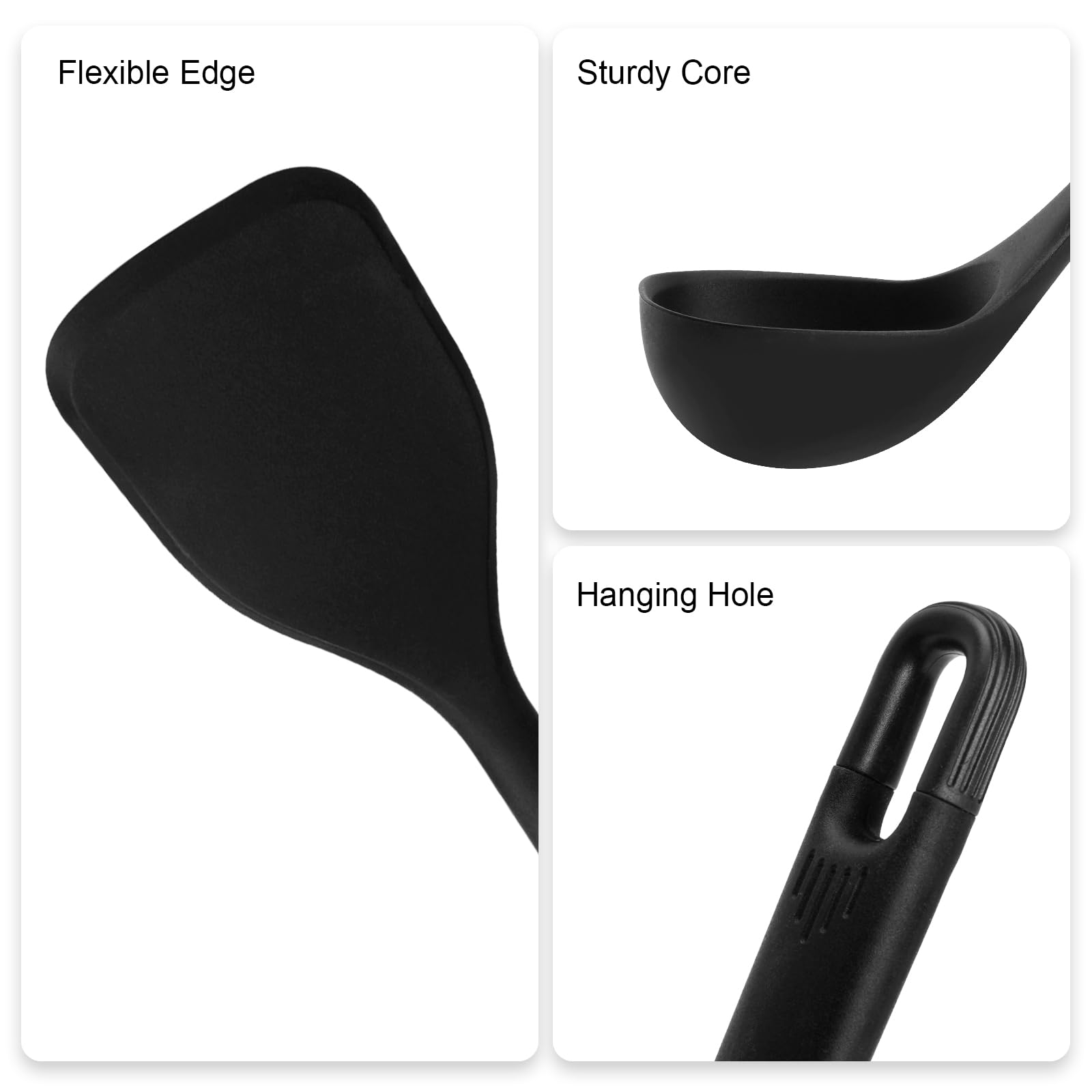 Set di utensili da cucina in silicone: MOACC resistente al calore, lunghezza 33 cm, accessori da cucina in gomma antiaderente senza BPA, per preparare alimenti, friggere, servire, imbastire (nero)