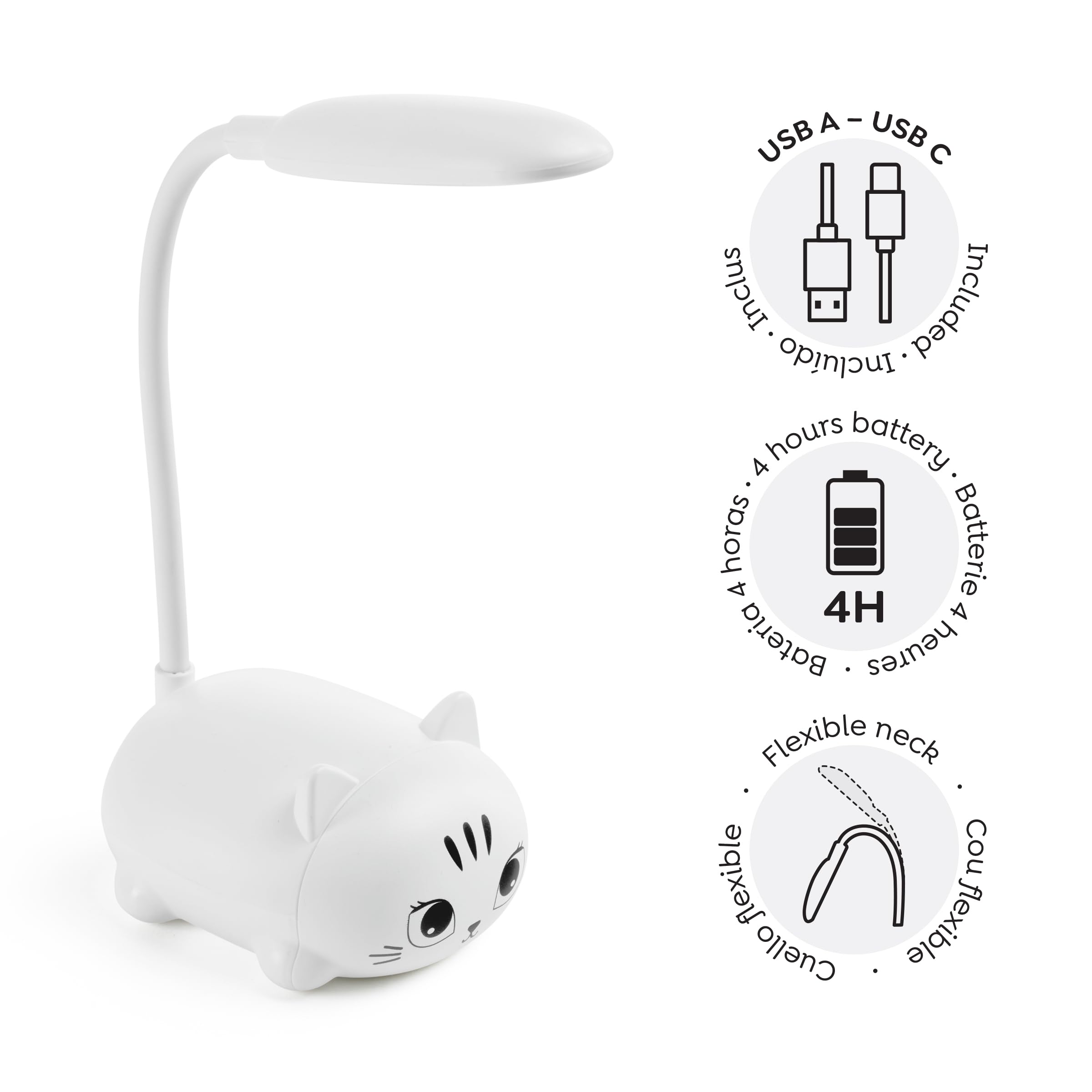 Back2Fun - Lámpara de escritorio infantil con forma de gatito, Luz LED cálida, Cuello flexible, Minilámpara portátil para niños recargable USB, Pensada como luz de noche o para estudiar