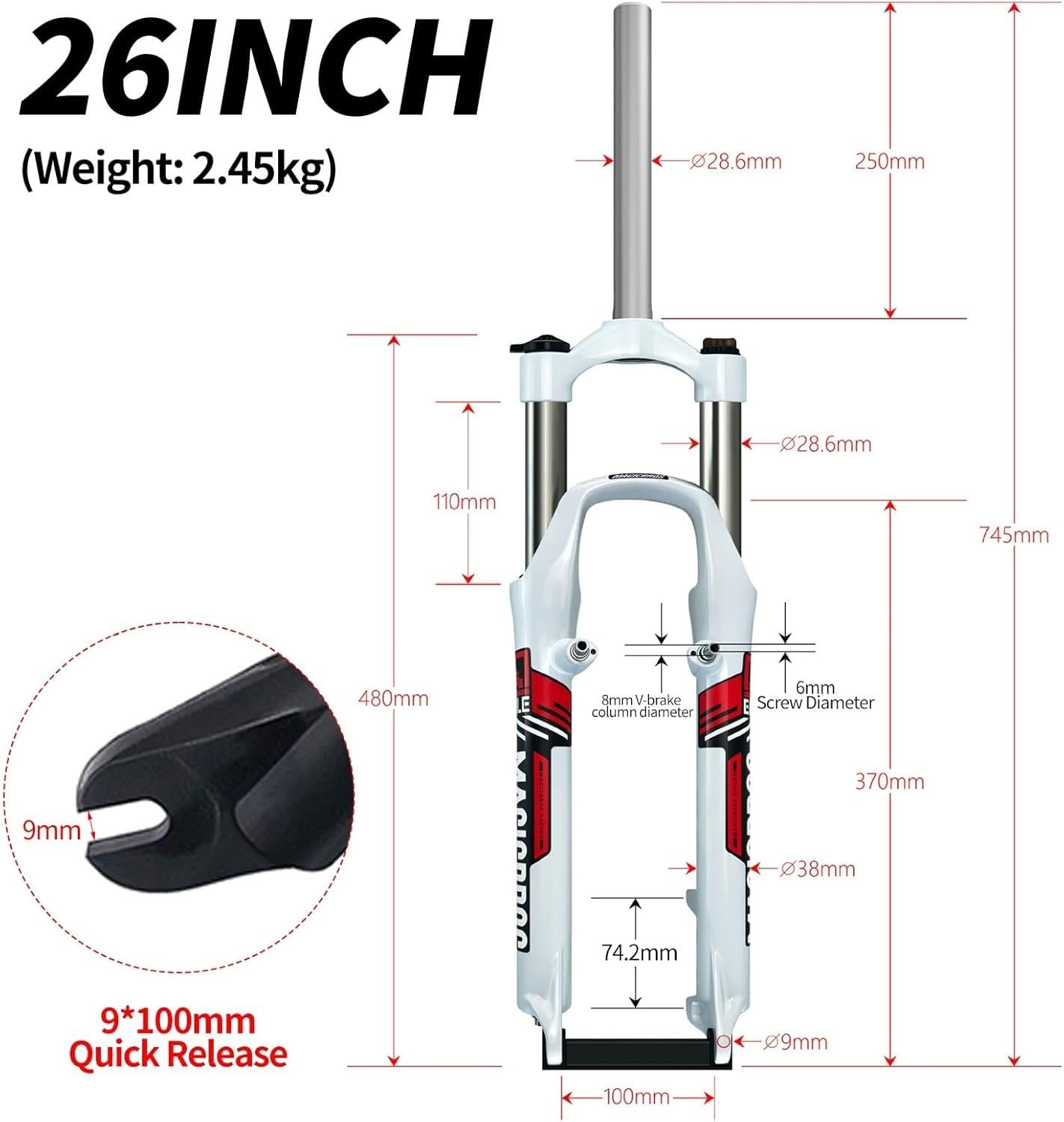 Fourche Avant de vélo à Suspension VTT 26 Pouces, débattement de 1-1/8 Pouce, Freins à Disque/V-Brake de 100 mm, Blocage Rapide 9 mm, Commande à l'épaule F,26in