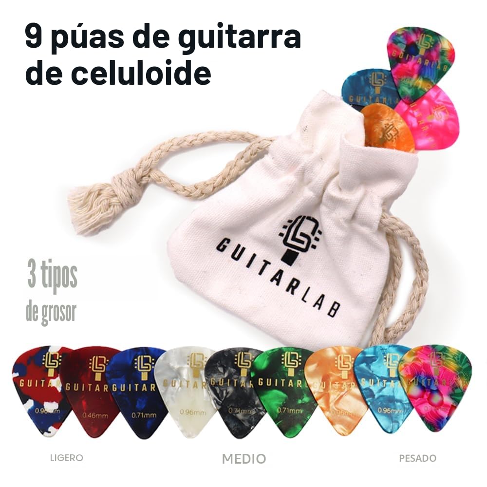 Guitar Lab Kit de accesorios para guitarra – Caja metálica resistente con correa, capodastro, afinador electrónico con clip y púas - Idea de regalo