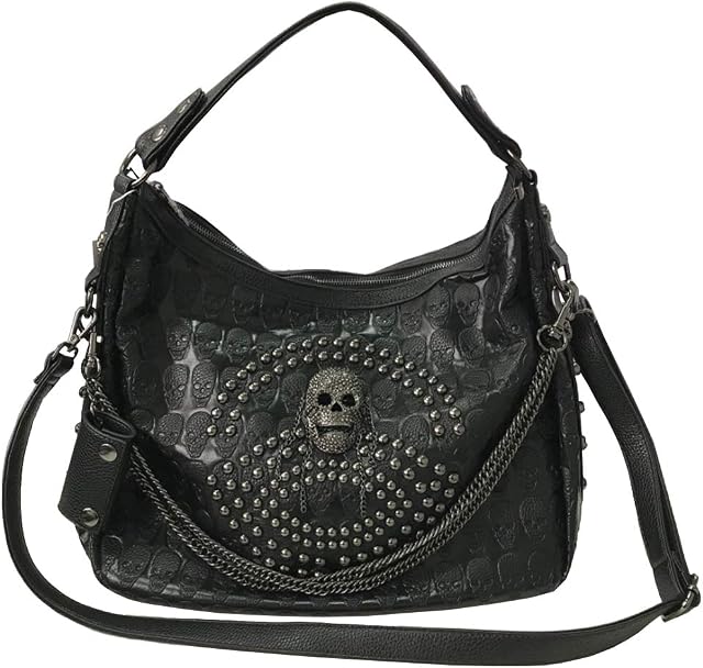 FiveloveTwo Women Skull Chain Handbag Large Capacity Gothic Shoulder Bag Studded Doctor Rivet Tote Satchel