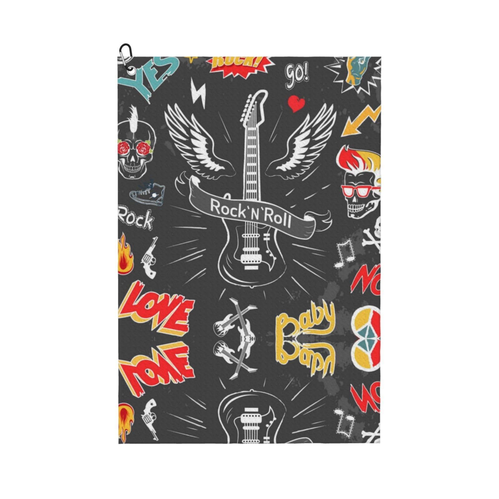 peiyeety Rock Roll Punk Skull Microfiber Golf Towel with Carabiner Clip, 16x24 Inch Absorbent Waffle Weave Towel for Golf Bags