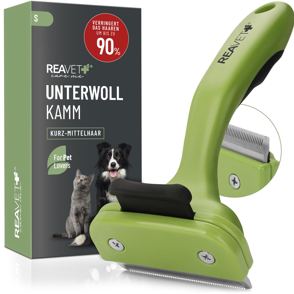 ReaVET Unterwollkamm für Hunde & Katzen Kurzhaar I Kleine Rassen I Entfernt Unterwolle, Pflegt das Deckhaar I mit Selbstreinigungsknopf I Katzen-Kamm Hunde-Kamm ideal zum Fellwechsel