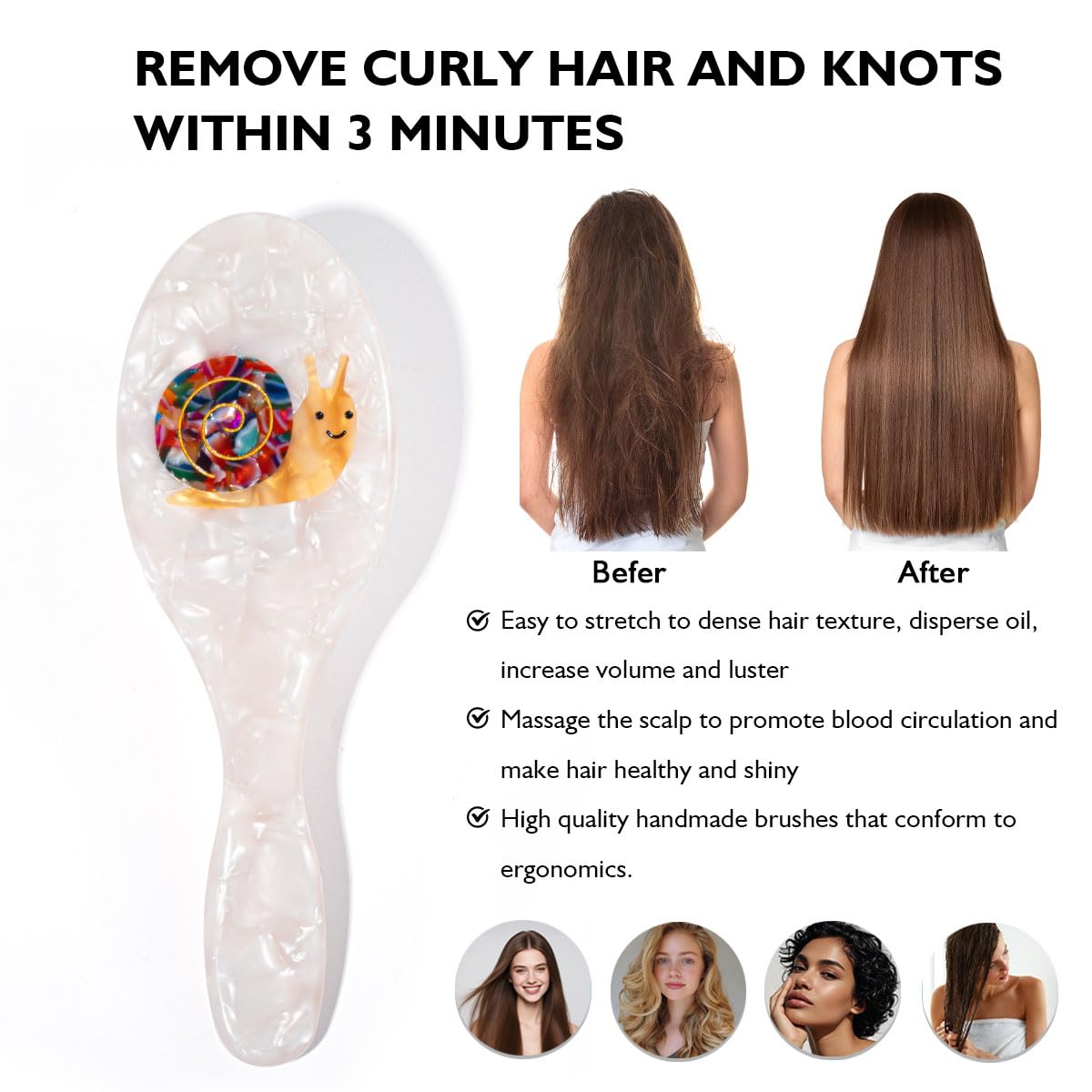 Snail Design Hair Brush, Clear Acetate Cushion Brush with Cute Animal Pattern, Double-Layer Flexible Bristles for Gentle Detangling, Ergonomic Handle for All Hair Types, 6.5 Inch