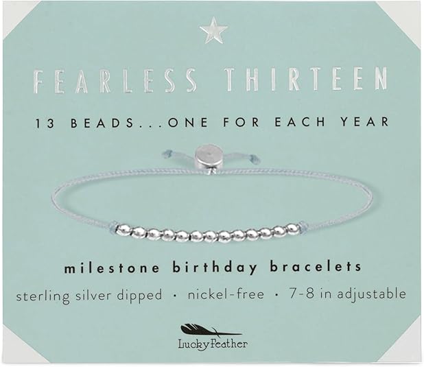 Lucky Feather 13 year old girl gifts; 13th Birthday Bracelet with 13 Dainty 14K Gold Dipped Beads on Adjustable Cord; Bat mitzvah cards for girls