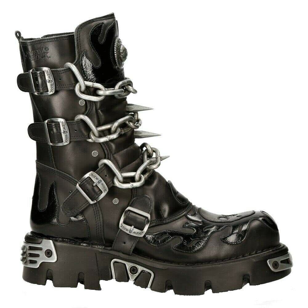 New Rock Men's 727-S1 Metallic Black Leather Spikes Gothic Mid Calf Punk Rock Boots