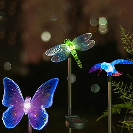 SNOWBIRD Luxury LED Solar Garden Stake Lights, Hummingbird, Butterfly & Dragonfly Solar Stake Lights, Solar Powered Pathway Lights, Multi-Color Changing Led Lights (Pack of 3, Black)