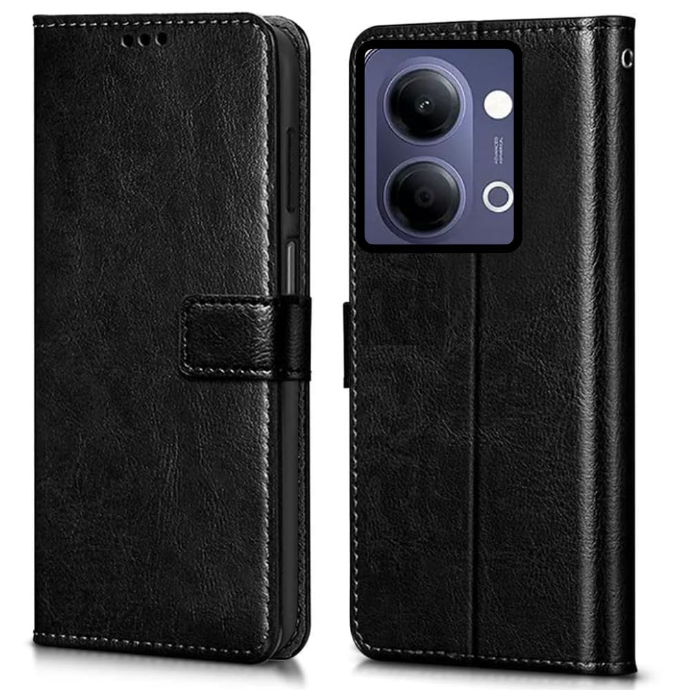 Leather Flip Case Cover Compatible with Back case Cover for Vivo Y11 5G|| Hand-Stitched Leather Finish| Lightweight| Inbuilt Card Pockets |(Black)