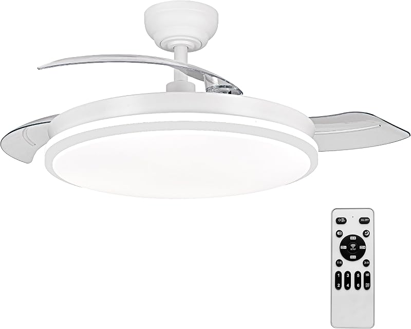 Ventilador de techo con luz con mando 3 aspas, Motor DC 30W+42W Luz LED,temporizador, 6 velocidades, aspas retráctiles, 3 temperaturas de luz, función verano-invierno Silencioso (Blanco puro, 50CM)