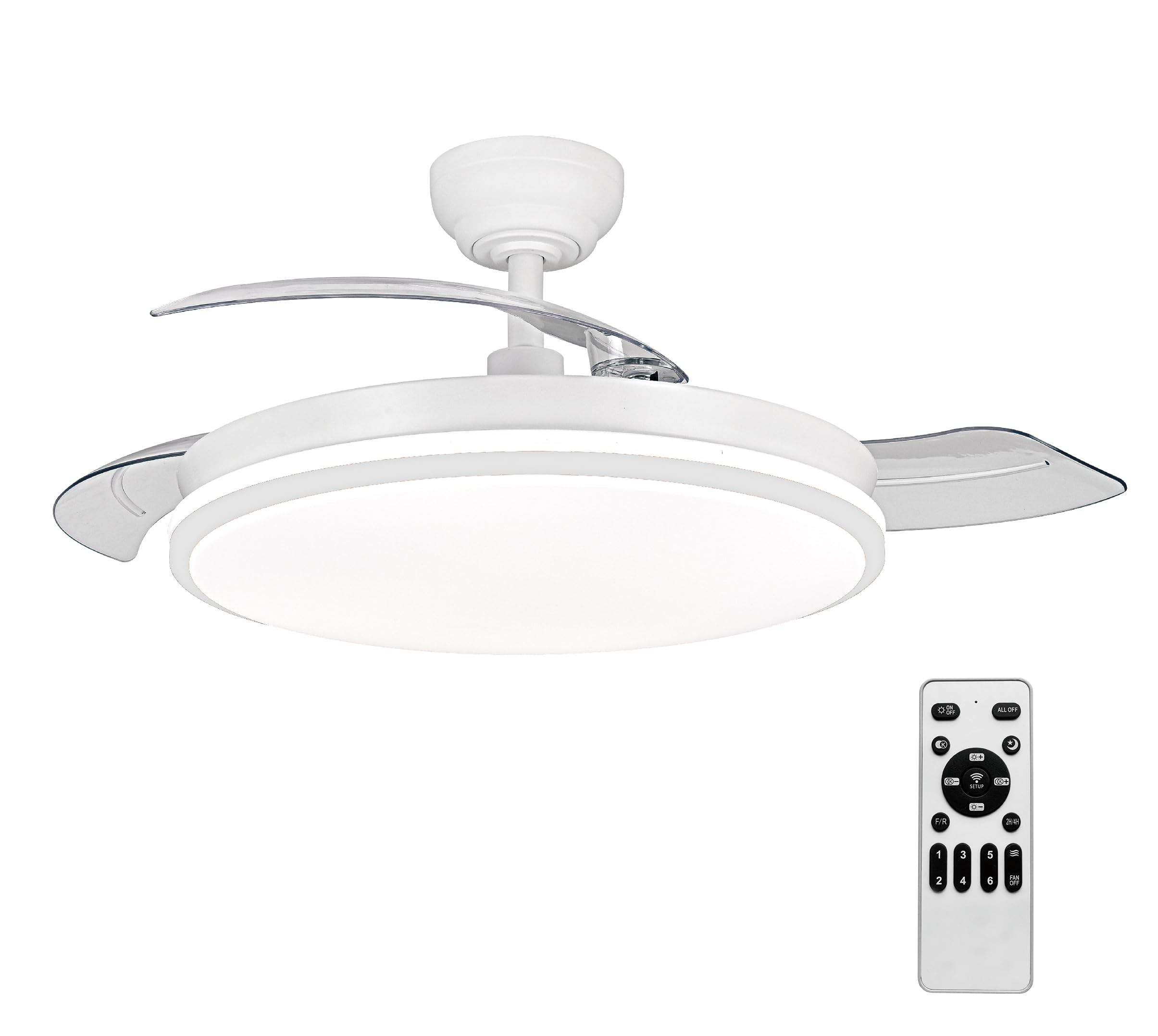 LEDUNI Ventilador con Luz LED 72w 7590LM con mando a distancia, Motor DC temporizador, 6 velocidades, aspas retráctiles, 3 temperaturas de luz, función verano-invierno Silencioso (Blanco)