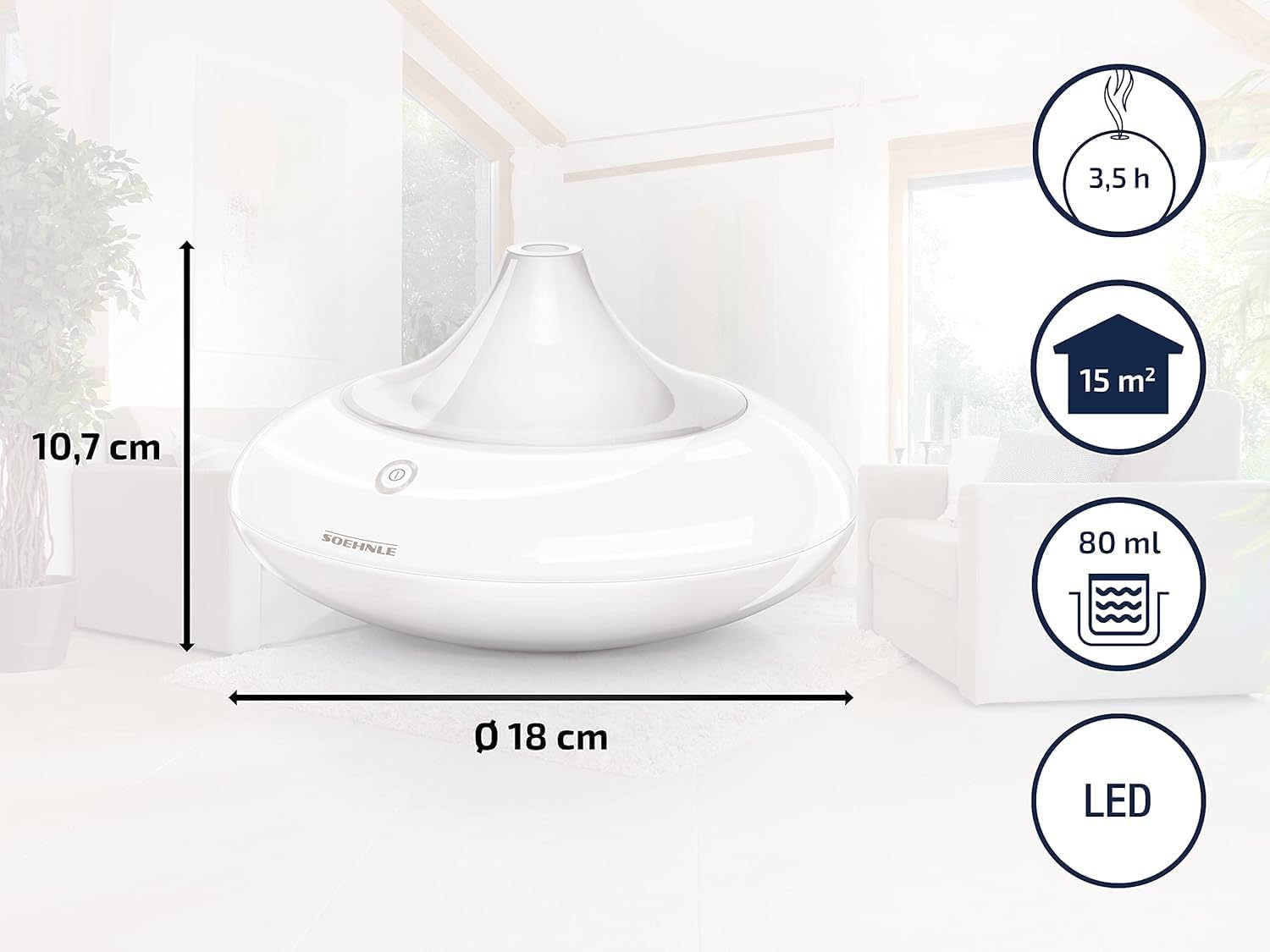 Soehnle Aroma Diffuser Ravenna, Diffuseur de parfum avec technique de nébulisation par ultrasons, Nébuliseur à éclairage alternant à LED avec réservoir de 80 ml, diffuseur d’huiles parfumées