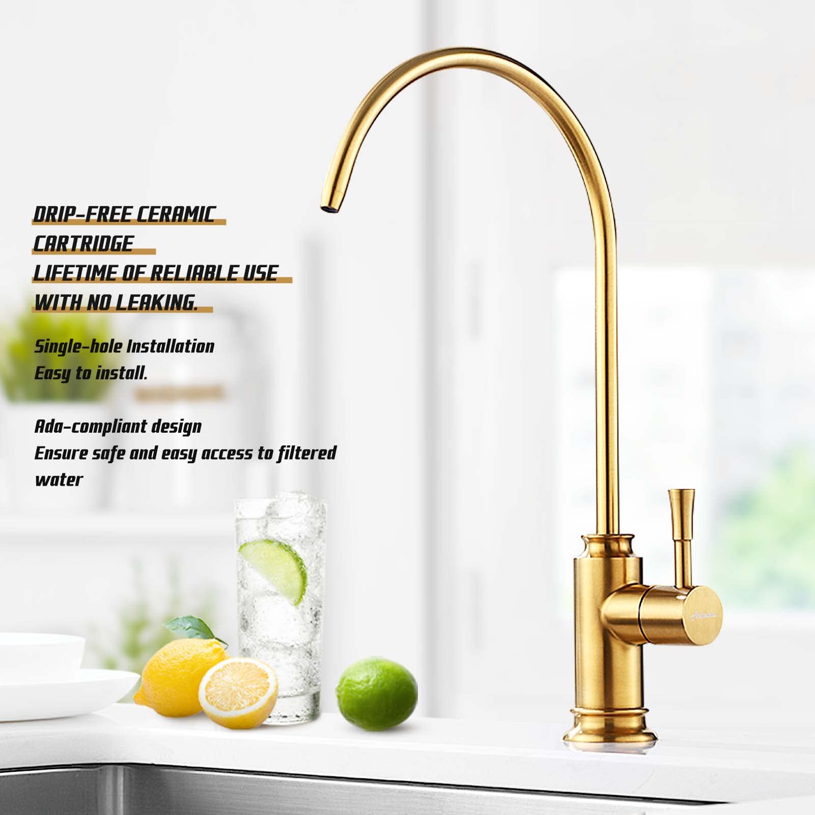 Achelous Grifo de filtro de agua de cocina dorado, grifo de agua potable sin plomo de acero inoxidable se adapta a unidades de ósmosis inversa o sistema de filtración de agua en espacio sin aire