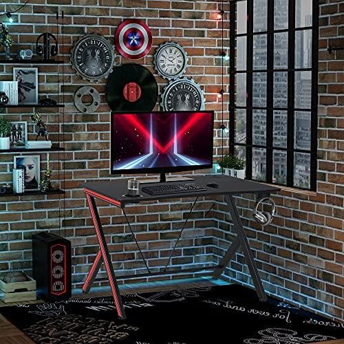 Homcom 47 Inch Gaming Computer Desk, Home Office Gamer Table Workstation With Cup Holder, Headphone Hook, Cable Management, Carbon Fiber Surface #TOP1