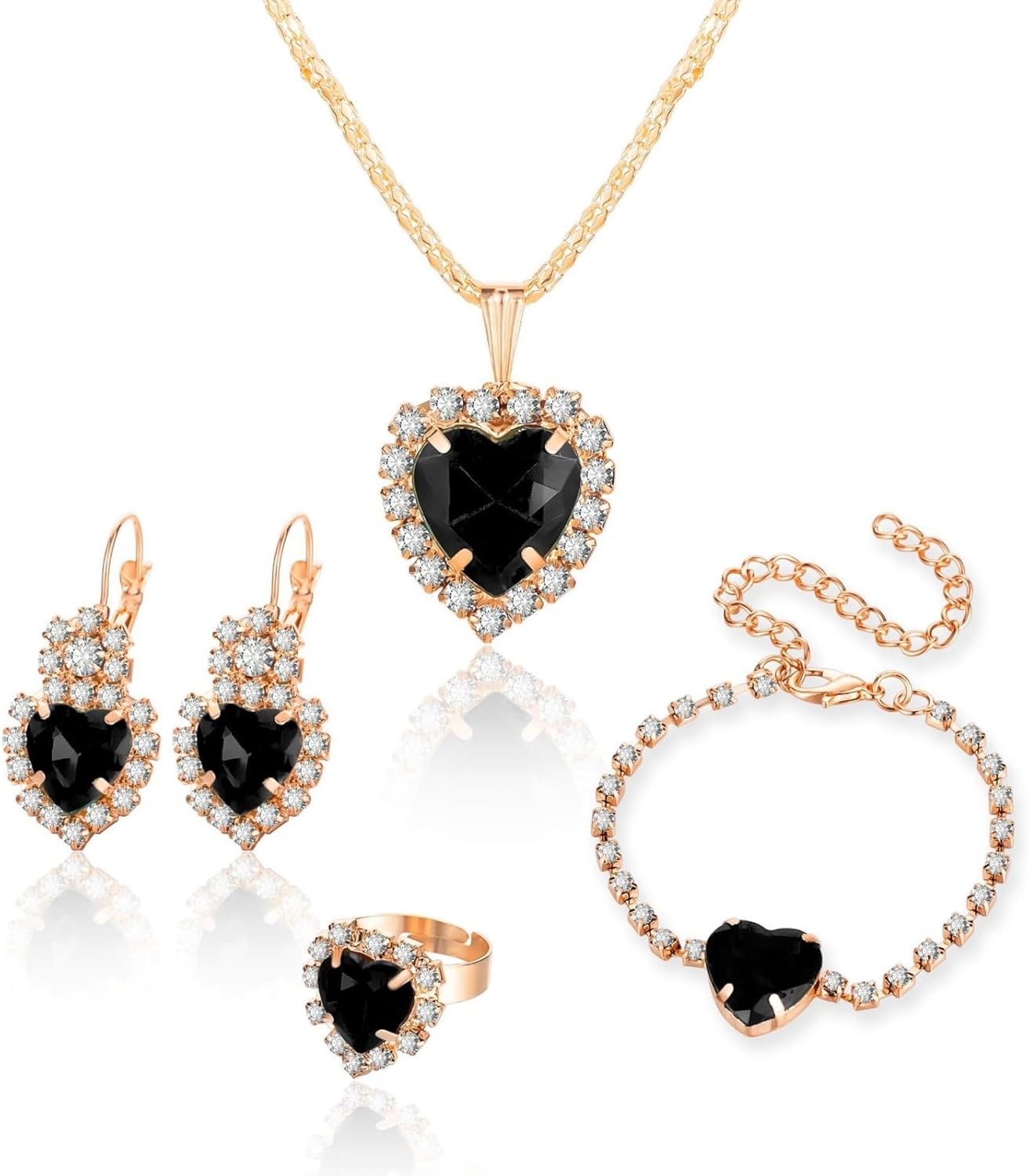 4 Pcs Heart Jewelry Set for Women fashion Cubic Zirconia Pendant Necklace Bracelet Earrings Dainty Open Ring Charm Prom Party, Birthday Valentines Mothers Day Christmas Jewelry Gift