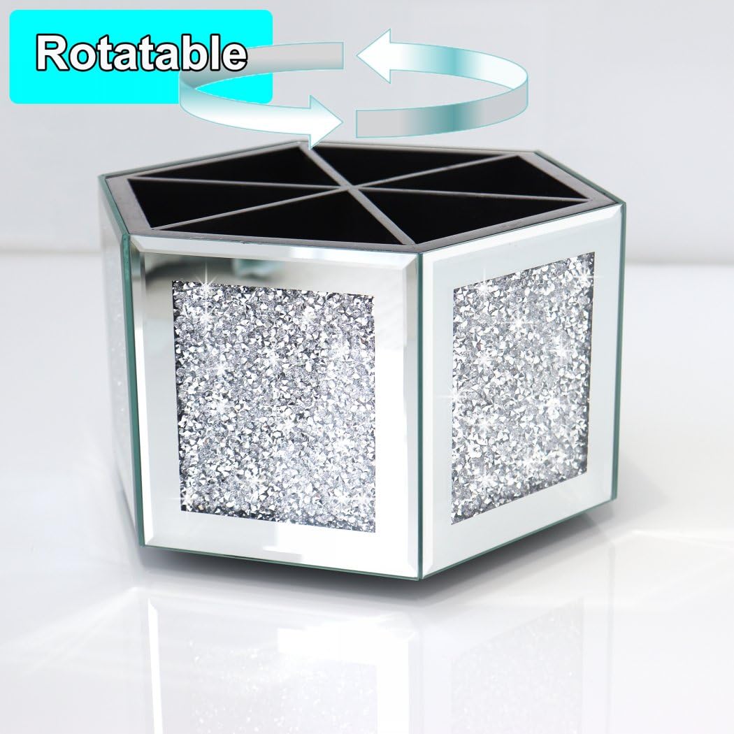 VOHJD Rotatable Multifunctional Jewelry Utensil Holder Hexagon Jewelry Make up Organizer Cups Crush Diamond Mirror Decor, brush/office pen cup holder Eyeliners Display Case for Vanity