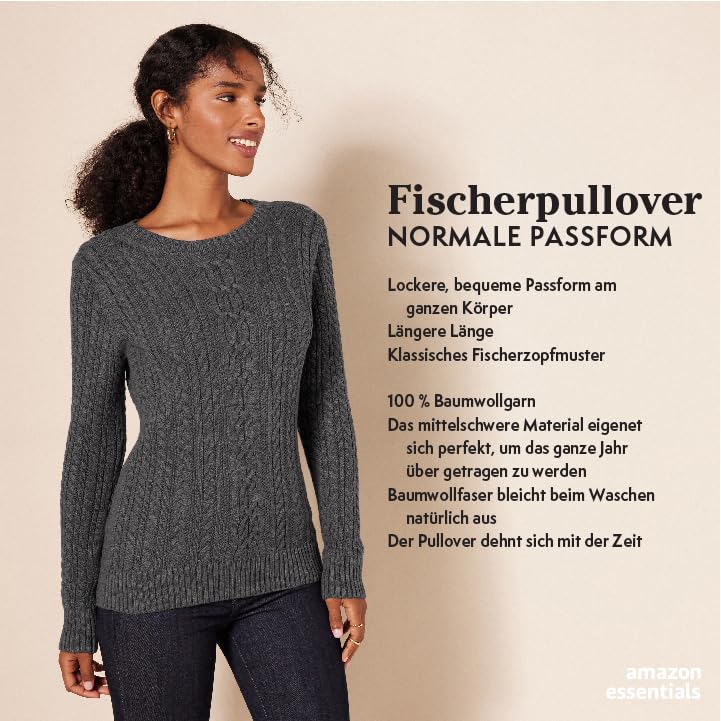 Amazon Essentials Damen Fisherman Cable Langärmeliger Pullover mit Rundhalsausschnitt (Erhältlich in Übergröße), Creme, L