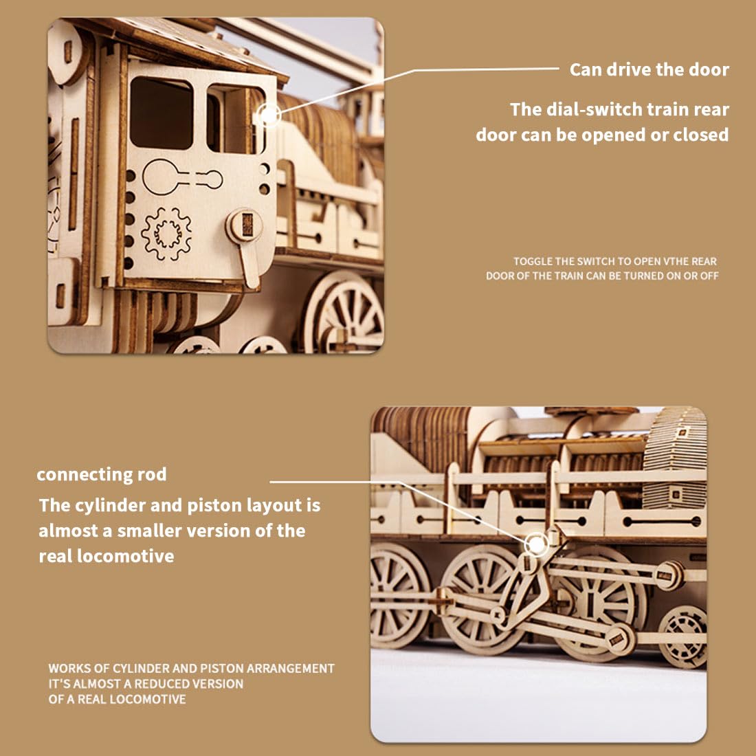 3D Puzzle Holz Dampflokomotive Mechanik Getriebe Bausatz, DIY Montage 3D Holzpuzzle Zug Bastelset Weihnachten 2025 Dekoration Geschenk Modell, Dampflokomotive + Ständer (524 Teile)