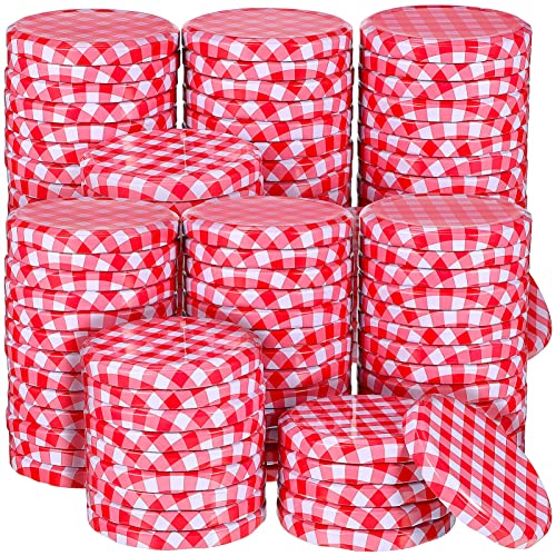 Hemoton 200 Pcs Canning Lids, Round Tinplate Cans Screw Lid, Regular Mouth Canning Lids for Mason Jar Canning Lids, Leak Free, Airtight Seal (Classic Red and White Plaid, 8.5CM/3.3INCH)