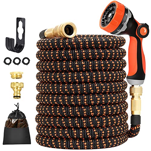 Tuyau d'arrosage 30m, ULTTY 100FT Tuyau d’arrosage extensible résistant aux pliures, tuyau d'arrosage flexible 10 motifs buse rotative 3/4' et 1/2' en cuivre, support de tuyau, sac de rangement