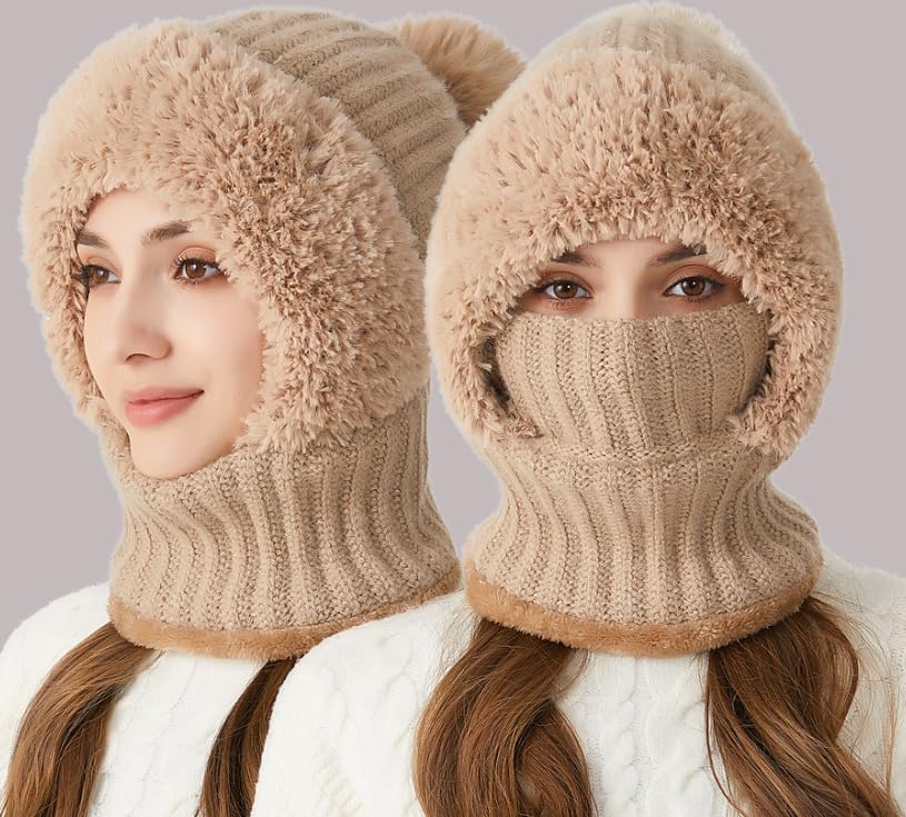 Women Warm Winter Hat Fluffy One Piece Beanie Hat Fleece Face Mask Neck Scarf Set Earmuff Ski Snow Knit Hats - Image 4