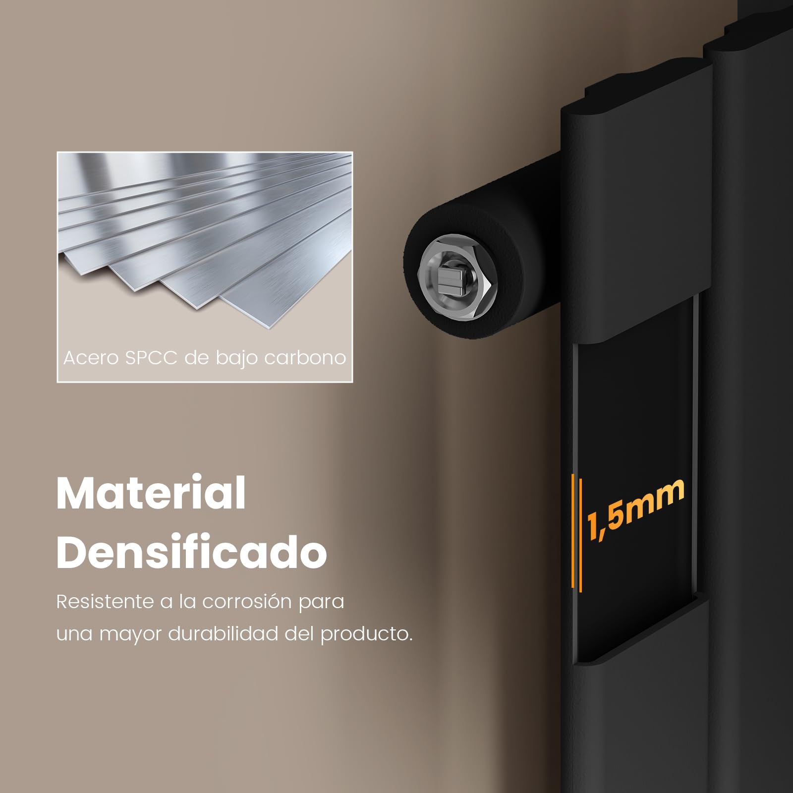 EMKE Radiador Compacto Vertical 1800x300 mm, Estrecho y Alto para Baño, Panel Plano Mural, Conexión Central, Diseño Elegante, 627 Vatios, Negro