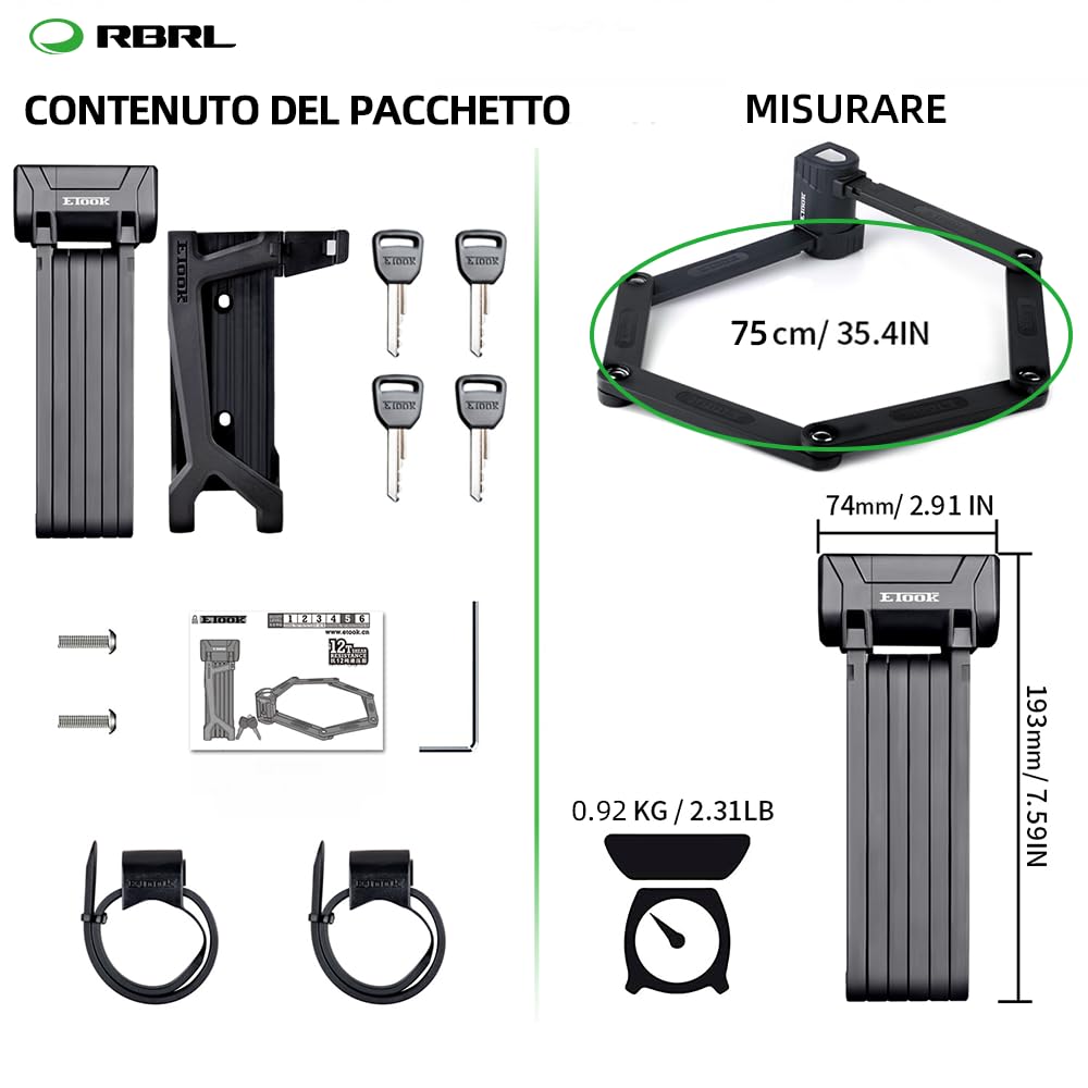 RBRL Lucchetto Bici, 75 cm Lucchetto Bicicletta Antifurto Pieghevole Portatile Catena Bici, Altamente Sicuro e Durevole Lucchetto Bicicletta Antifurto, Livello di Sicurezza 18